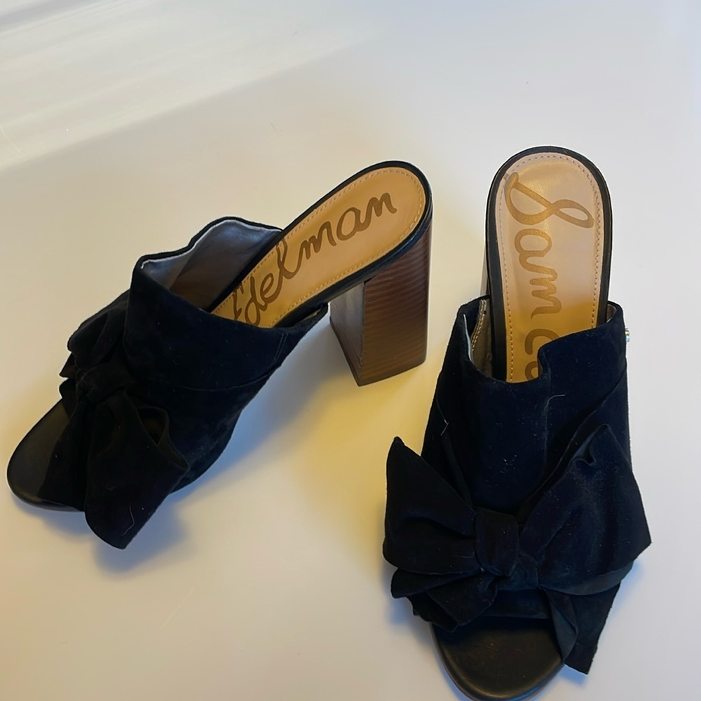 Sam Edelman, Yumi, black suede mule heels with oversized bow, size 9
